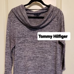 A gray tunic from Tommy Hilfiger, size large, with a length of 31 inches.